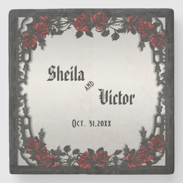 Red Rose Gothic Wedding  Personalised  Iron Gate Stone Coaster (Front)