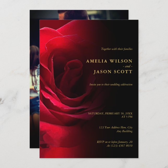 Red Rose Gradient Black with Photo Wedding Invitation (Front/Back)