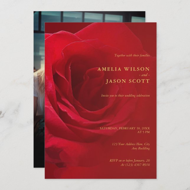 Red Rose Gradient Red with Photo Wedding Invitation (Front/Back)