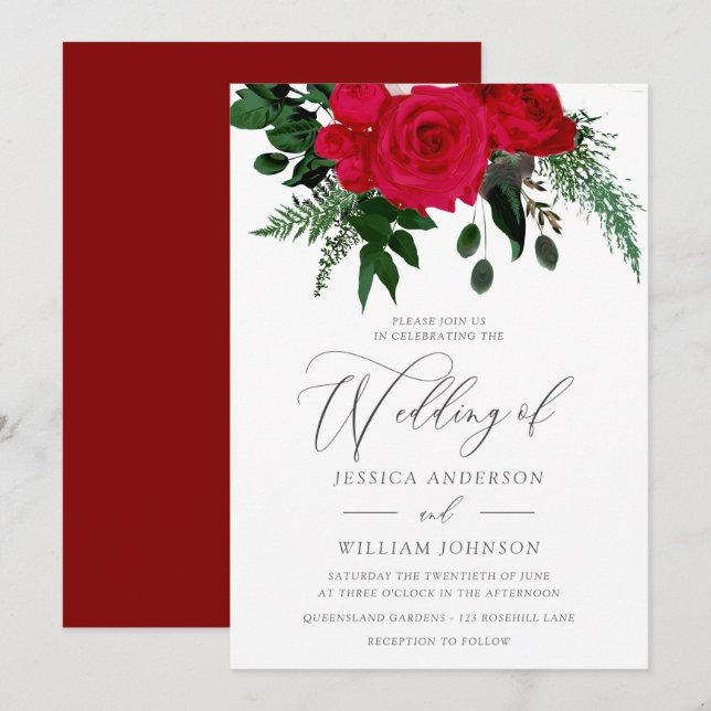 Red Rose Green Leaves Floral Wedding Invitation (Front/Back)