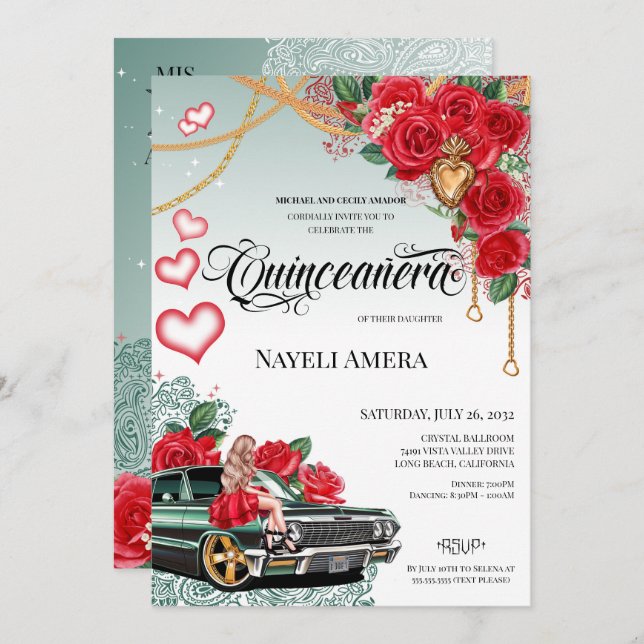 Red Rose Green Lowrider Mexicana Chola Quinceañera Invitation (Front/Back)