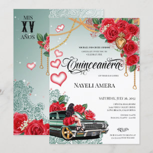 Red Rose Green Lowrider Mexicana Quince Birthday Invitation