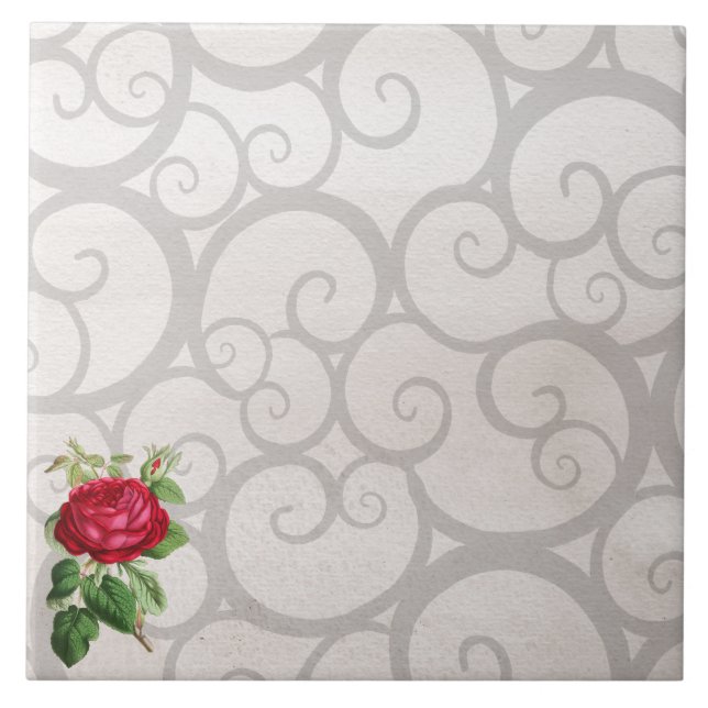 Red rose grey curls decoration tile (Front)