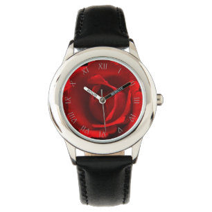 Red Rose Grey Script Roman Numbers Kids cn Watch