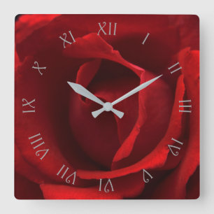 Red Rose Grey Script Roman Numbers wccnm Square Wall Clock