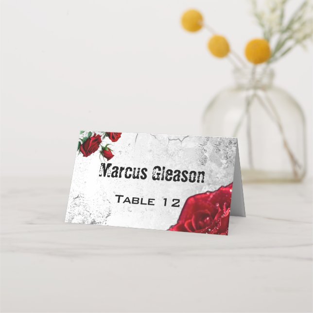 Red Rose & Grunge Textured Wedding Place Card (Front)