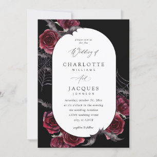 Red Rose Halloween Bats Wedding- Black Invitation