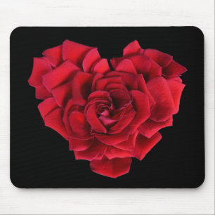 Red Rose Heart Black Mouse Mat