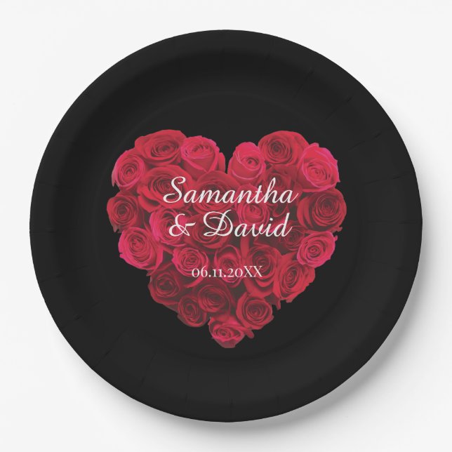 Red Rose Heart Engagement Party Valentines Day Paper Plate (Front)