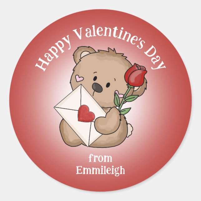 Red Rose Heart Happy Valentine's Day Cute Bear  Classic Round Sticker (Front)