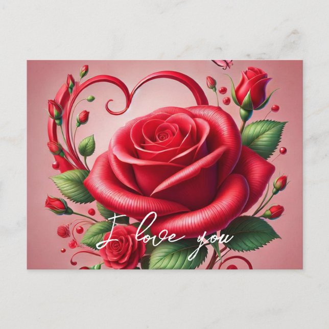 Red Rose Heart I Love You Personalised Text Postcard (Front)
