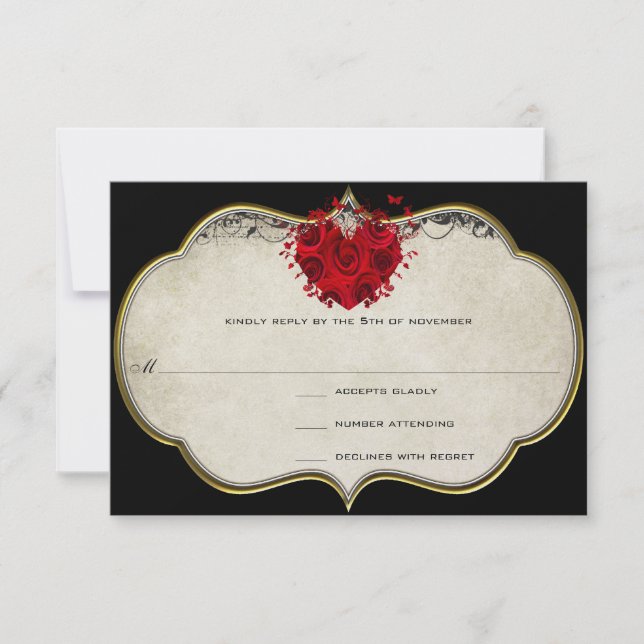Red Rose Heart on Black Metallic RSVP (Front)