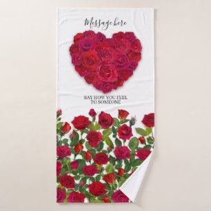 Red Rose Heart Romantic Floral Custom Text Bath Towel