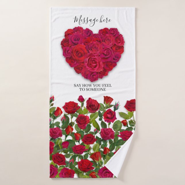 Red Rose Heart Romantic Floral Custom Text Bath Towel (Bath Towel)