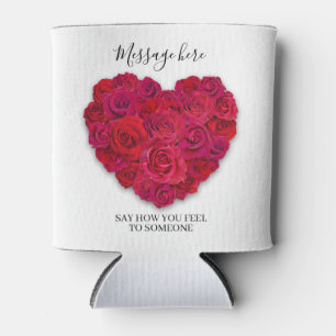 Red Rose Heart Romantic Floral Custom Text Can Cooler