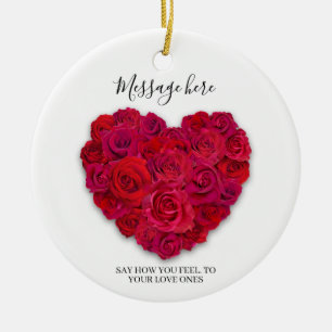 Red Rose Heart Romantic Floral Custom Text Ceramic Tree Decoration