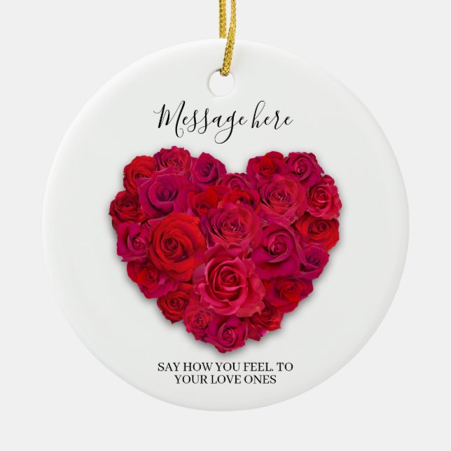 Red Rose Heart Romantic Floral Custom Text Ceramic Tree Decoration (Front)