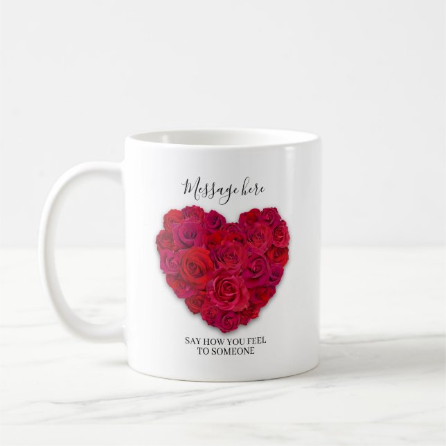 Red Rose Heart Romantic Floral Custom Text Coffee Mug (Left)