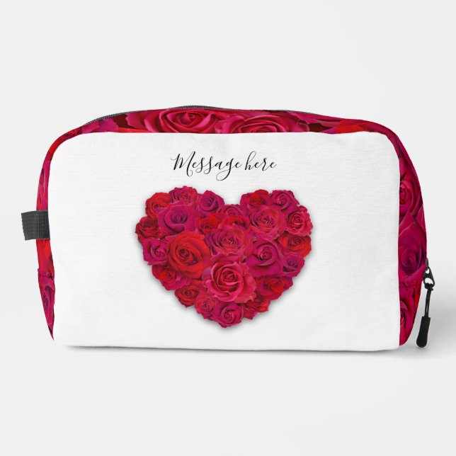 Red Rose Heart Romantic Floral Custom Text Dopp Kit (Front)