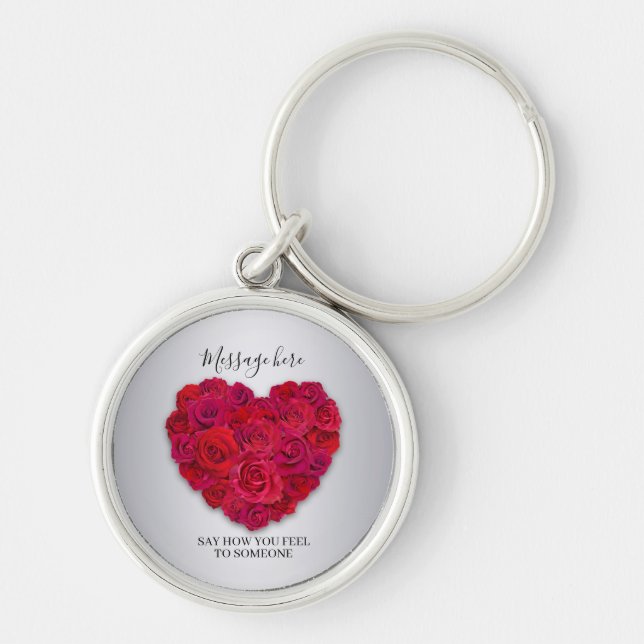 Red Rose Heart Romantic Floral Custom Text Key Ring (Front)