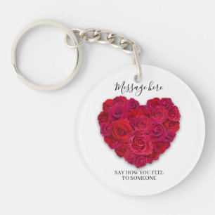 Red Rose Heart Romantic Floral Custom Text Key Ring