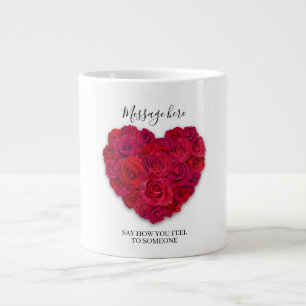 Red Rose Heart Romantic Floral Custom Text Large Coffee Mug