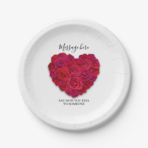 Red Rose Heart Romantic Floral Custom Text Paper Plate