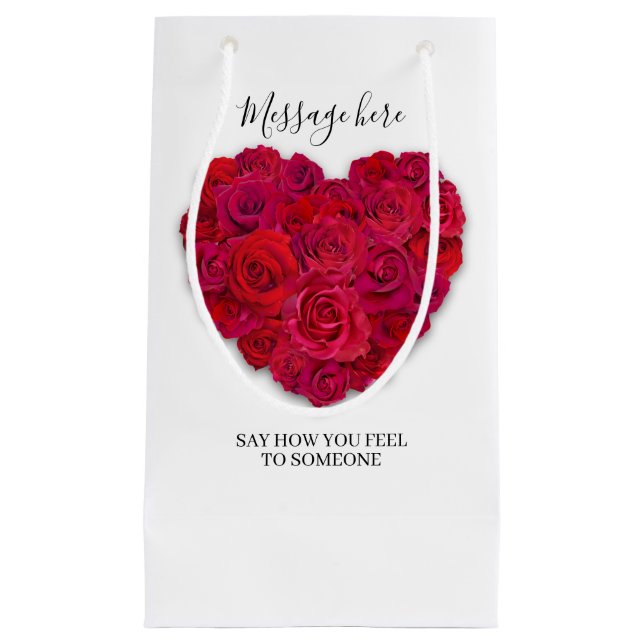 Red Rose Heart Romantic Floral Custom Text Small Gift Bag (Front)