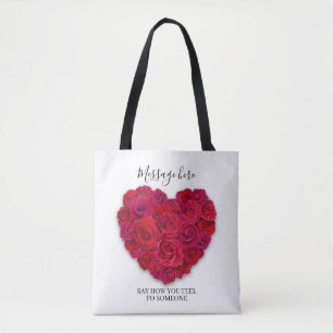 Red Rose Heart Romantic Floral Custom Text Tote Bag