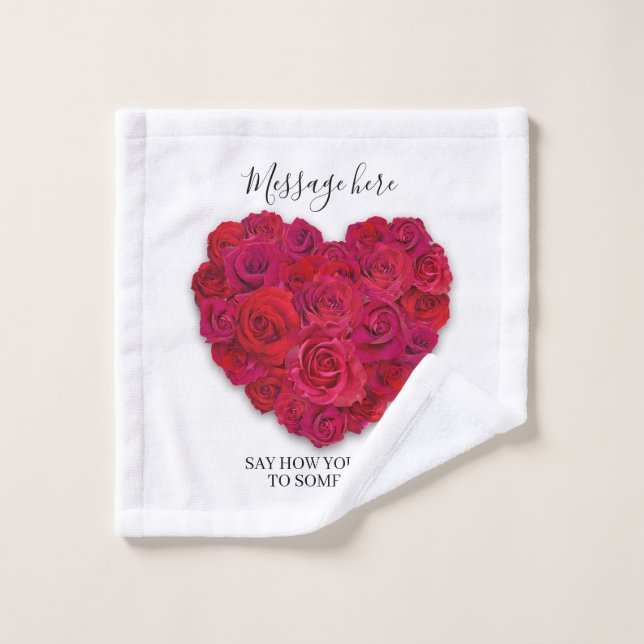 Red Rose Heart Romantic Floral Custom Text Wash Cloth (Wash Cloth)