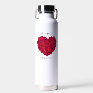 Red Rose Heart Romantic Floral Custom Text Water Bottle
