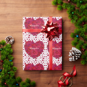 Red Rose Heart Romantic Floral Custom Text Wrapping Paper