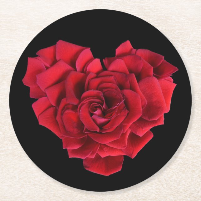 Red Rose Heart Round Paper Coaster (Front)