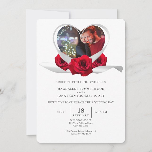 Red Rose Heart with Photo Romantic White Ribbon Invitation (Front)
