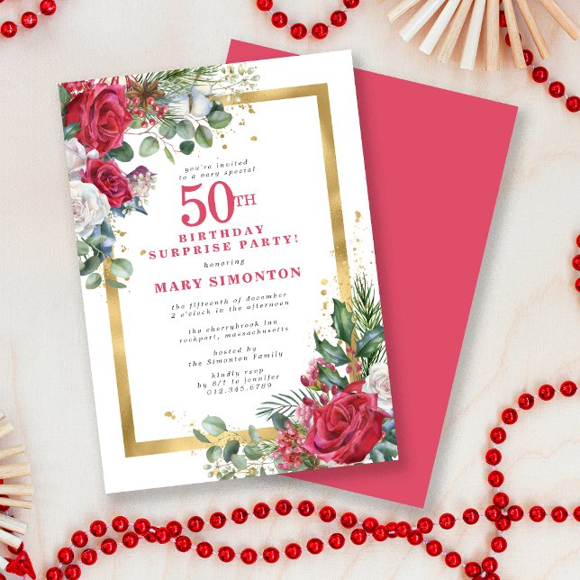 Red Rose Holly 50th Birthday Surprise Party Invitation (Creator Uploaded)