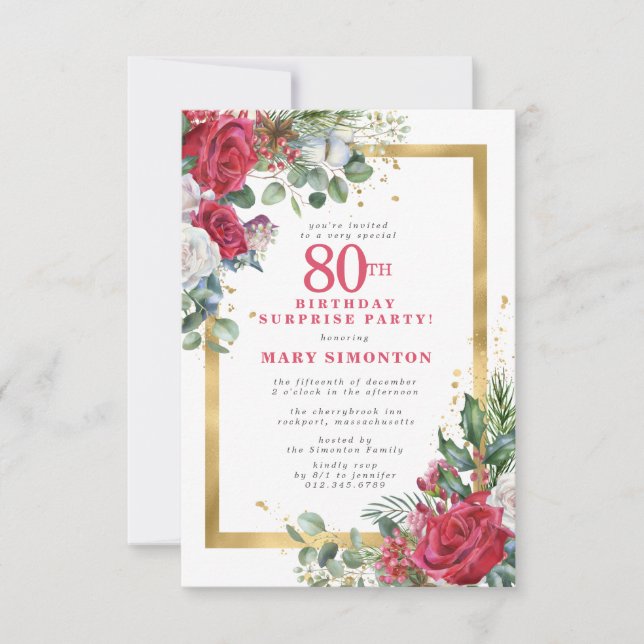 Red Rose Holly 80th Surprise Party Invitation (Front)