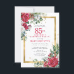 Red Rose Holly 85th Surprsie Party Invitation<br><div class="desc">Beautiful red and white roses are nestled in holly and eucalyptus leaves to create an elegant floral display. They decorate a wide gold frame and are dappled with gold confetti dust. 85th birthday surprise party and the person's name are written in a large red text. All of the text can...</div>