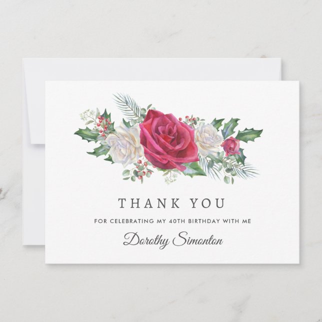 Red Rose Holly Winter 40th Birthday Flat Thank You Card (Front)