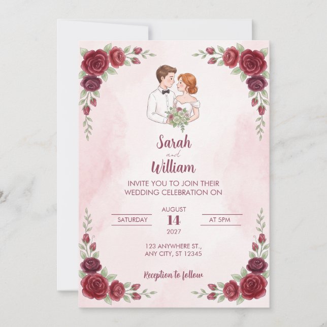 Red Rose Illustrated Couple Wedding Invitation (Front)