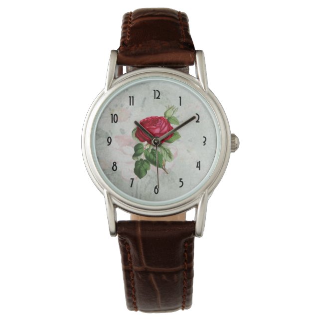 Red Rose Illustration on Faux Vintage Parchment Watch (Front)
