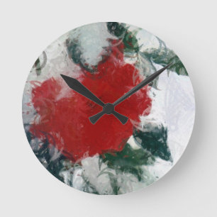 Red Rose in Snow Round Clock