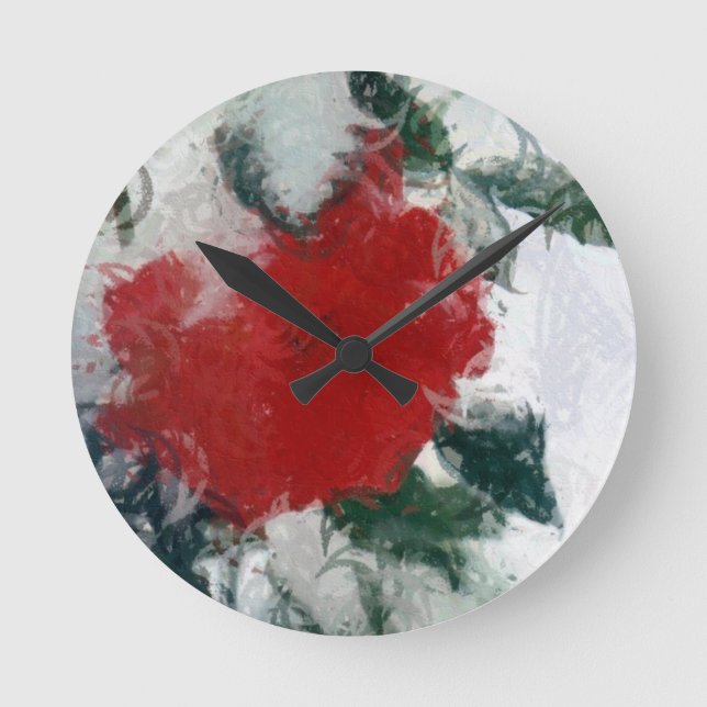 Red Rose in Snow Round Clock (Front)