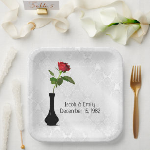 Red Rose In Vase On White Damask Paper Plate