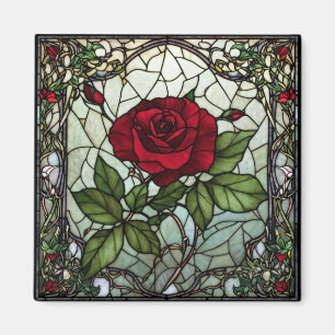 Red Rose in Window Vine Border Stained-Glass Look Magnet