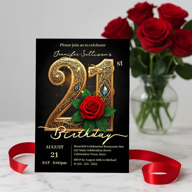 Red Rose Jewel Accents Filigree Gold 21st Birthday Invitation (Creator Uploaded)