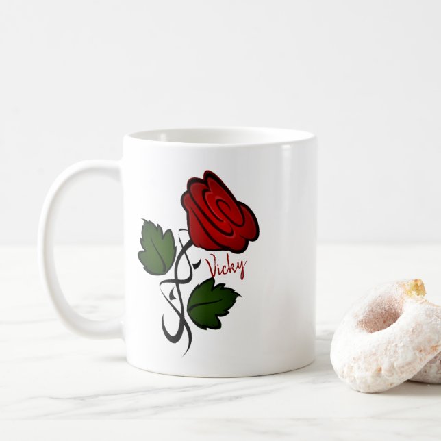 Red Rose Kiss Personalised w Name Coffee Mug (With Donut)