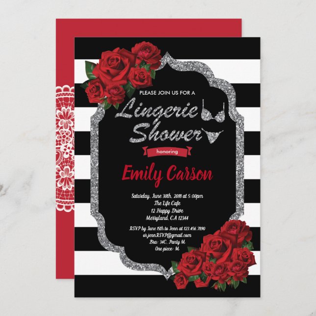 Red rose lingerie shower black and silver invitation (Front/Back)
