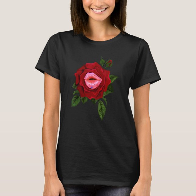Red Rose Lips Kiss Purple Lipstick Butterflies Lip T-Shirt (Front)