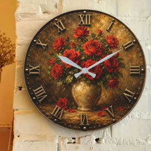 Red Rose Luxury Vintage Floral Decor Large Clock