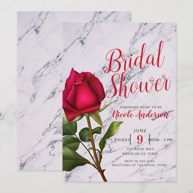 Red Rose Marble Modern Glam Bridal Shower Invitation (Front/Back)